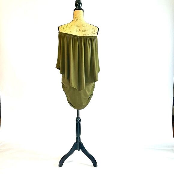 Chic Army Green Off-Shoulder Bodycon Mini Dress - Size S - Picture 3 of 9